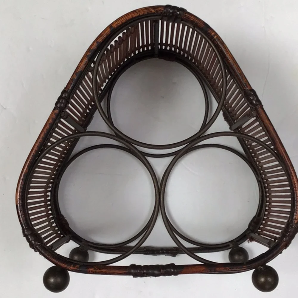 Vintage Rattan Wicker Antique Bronze Metal Wine Bottle‎ Rack
